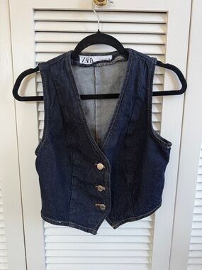 ZARA Navy Denim Buttoned Vest